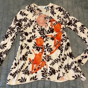 Anthropologie Sparrow Black and White w/Orange Tulips Light Weight Cardigan Smal
